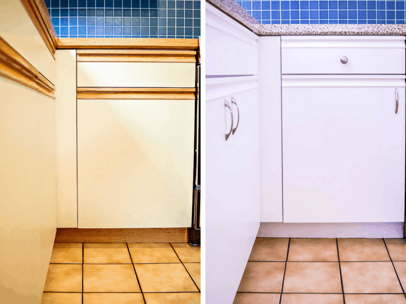 before and after photos of painted lower kitchen cabinets