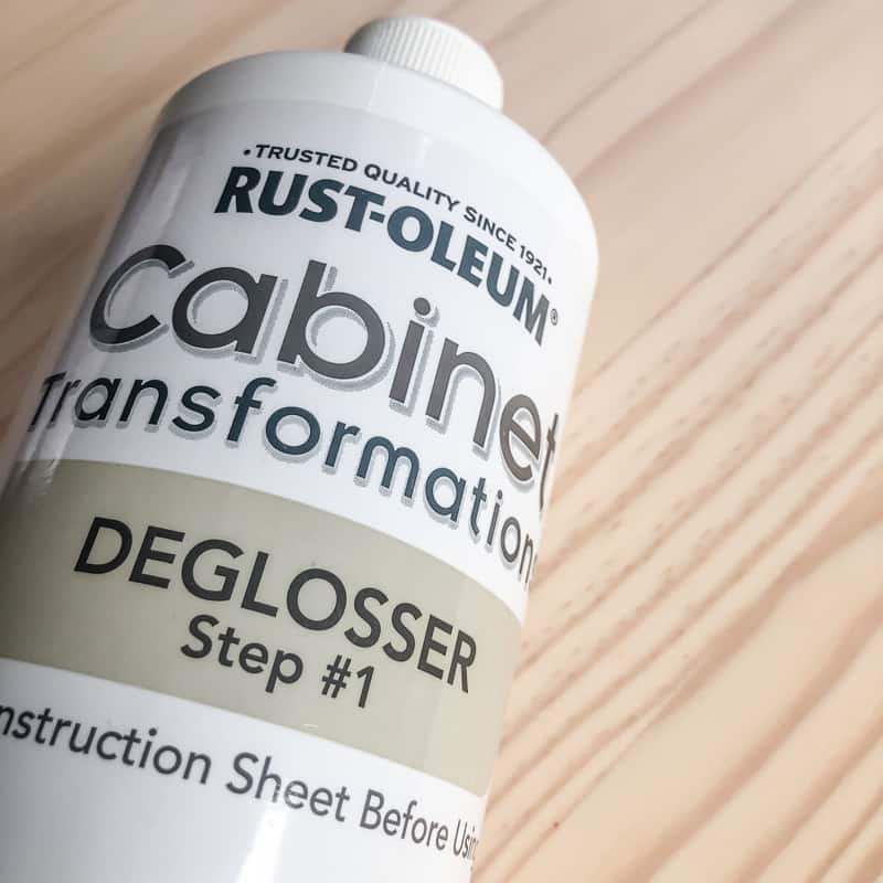 Rustoleum Cabinet Transformations deglosser on pine wood background