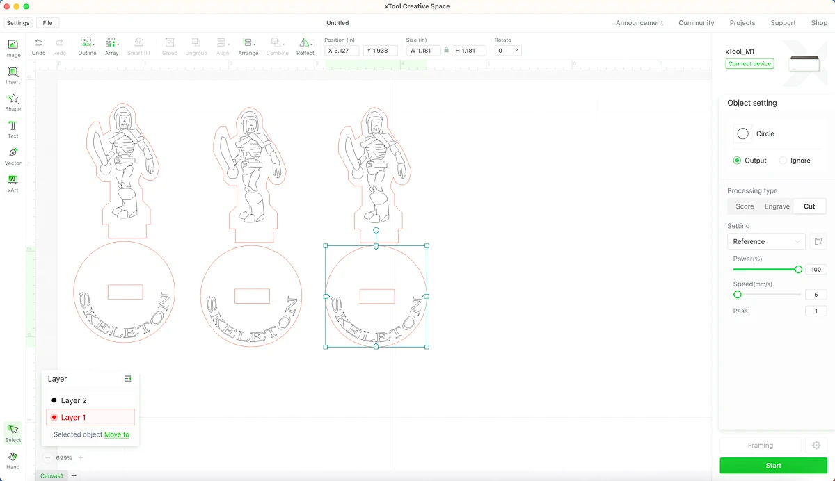 changing settings for xTool M1 laser cutter from score to cut